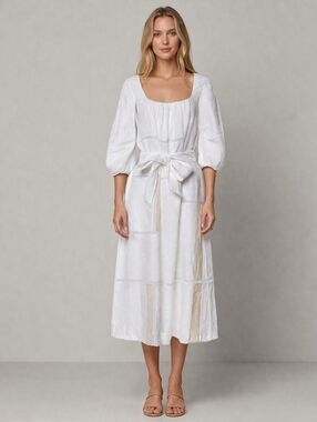 GABRIELA HEARST Square Neckline Daphine Belt Dress Linen Insect Embroidery 38